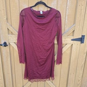 Elegant Burgundy Long Sleeve Mesh Dress